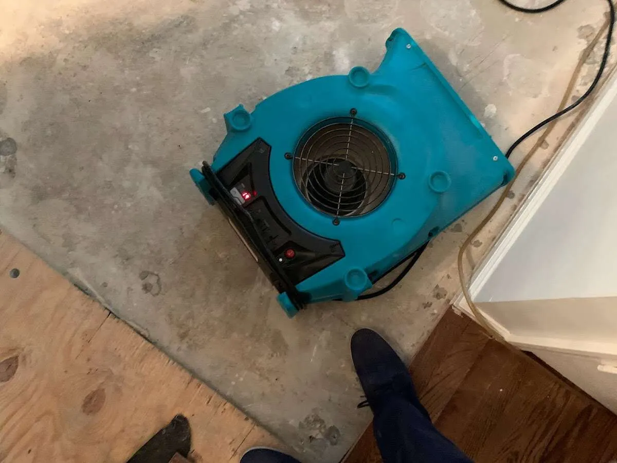 Air mover drying subfloor during Leak Detection & Repair in Port Lavaca
